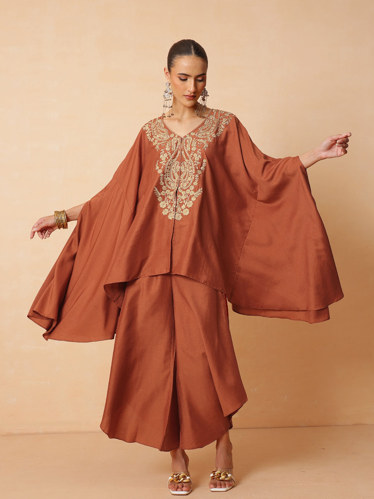 Rust Embroidered Kaftan With Flared Pants -Luxe - Shae by SASSAFRAS