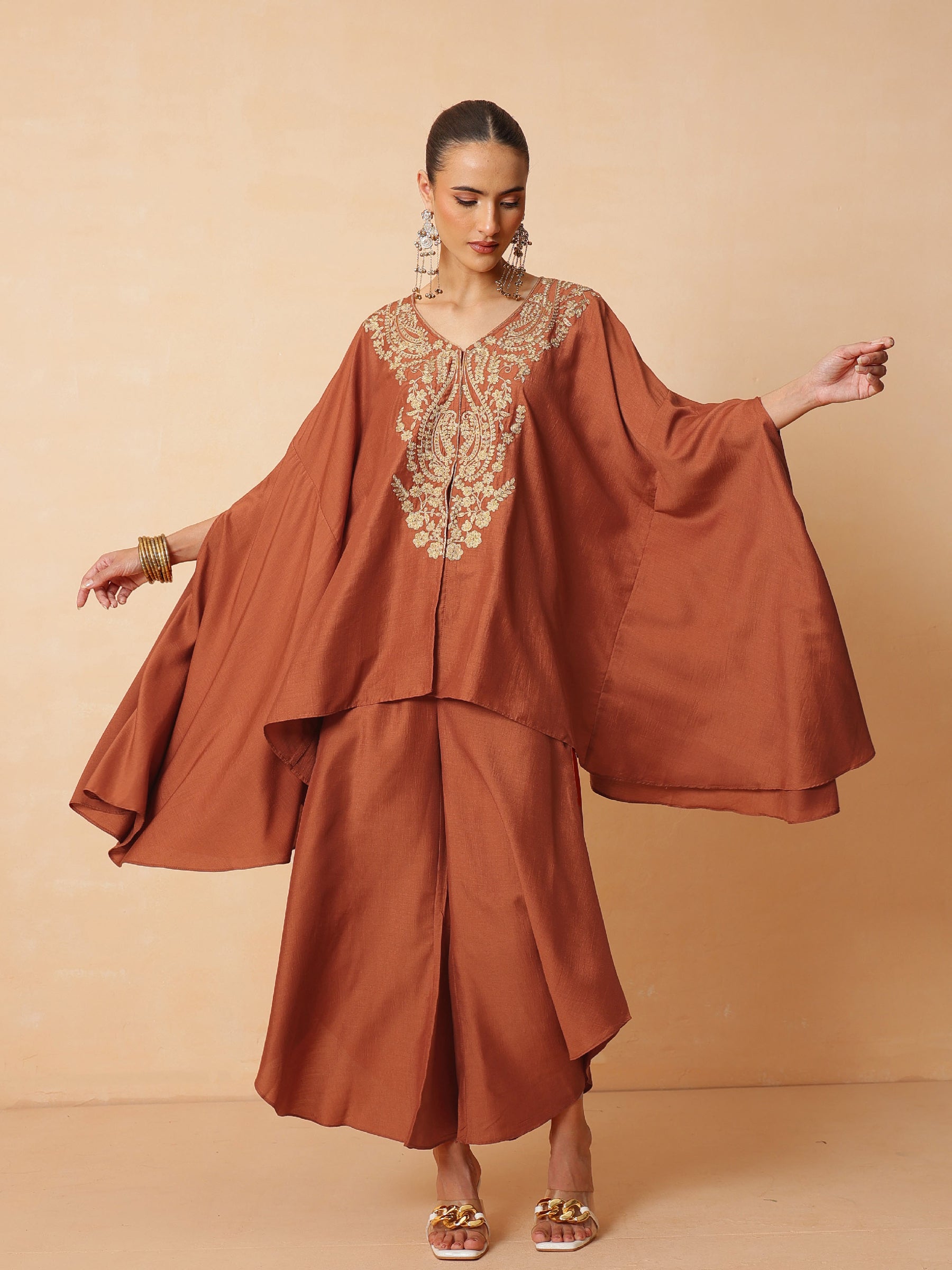 Rust Embroidered Kaftan With Flared Pants -Luxe - Shae by SASSAFRAS