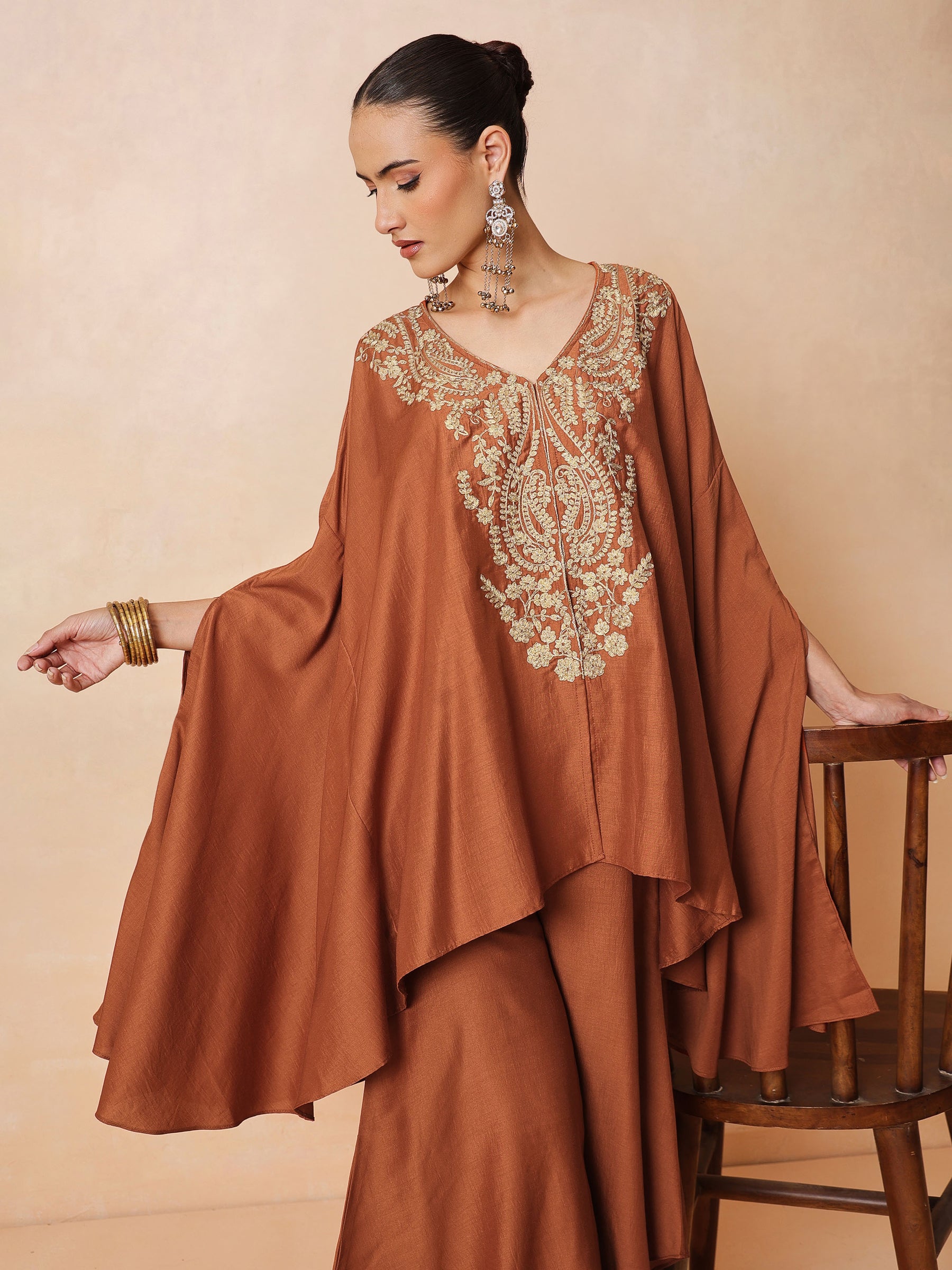 Rust Embroidered Kaftan With Flared Pants -Luxe - Shae by SASSAFRAS