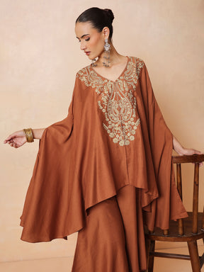 Women Rust Embroidered Kaftan With Flared Pants