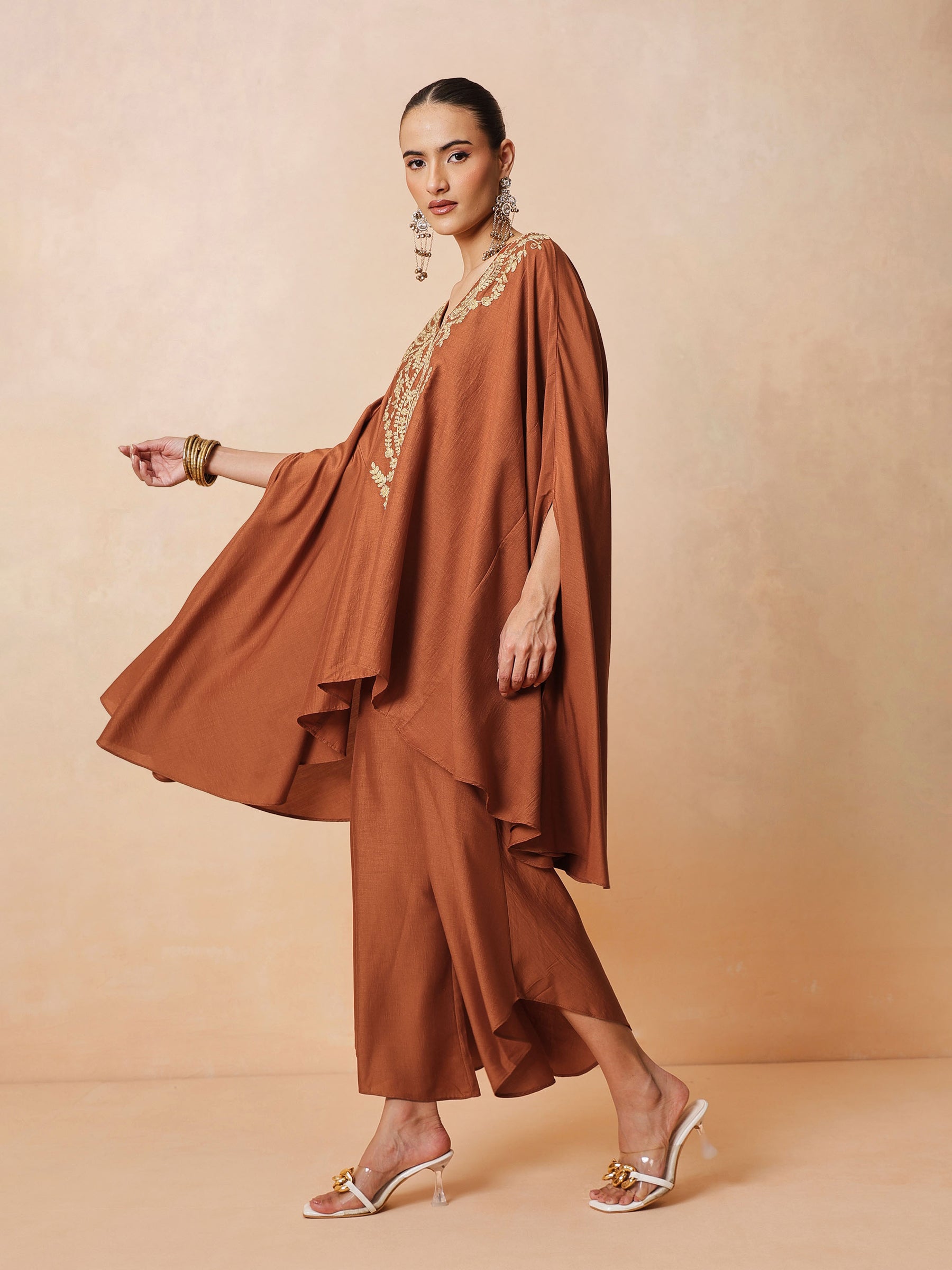 Women Rust Embroidered Kaftan With Flared Pants