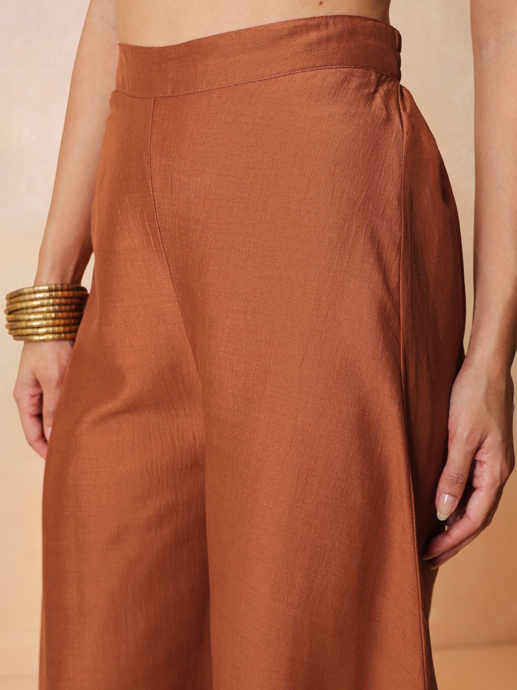 Women Rust Embroidered Kaftan With Flared Pants