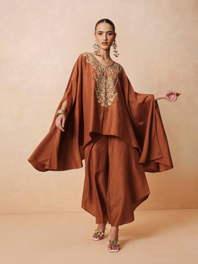 Women Rust Embroidered Kaftan With Flared Pants