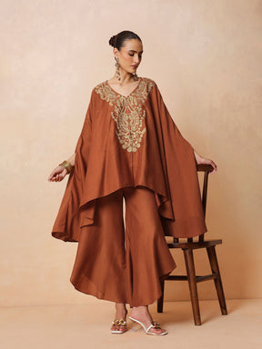 Women Rust Embroidered Kaftan With Flared Pants