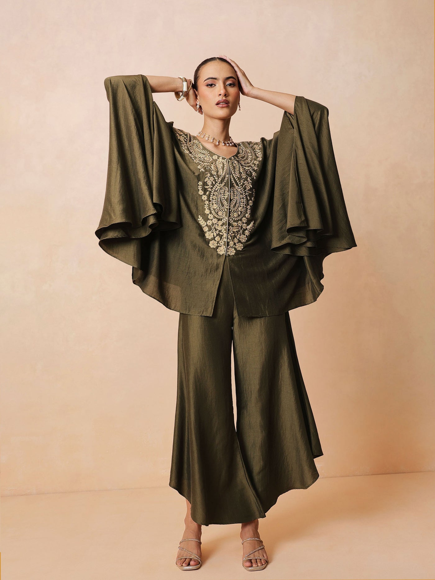 Olive Embroidered Kaftan With Flared Pants-Luxe - Shae by SASSAFRAS