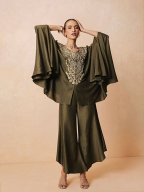 Olive Embroidered Kaftan With Flared Pants-Luxe - Shae by SASSAFRAS