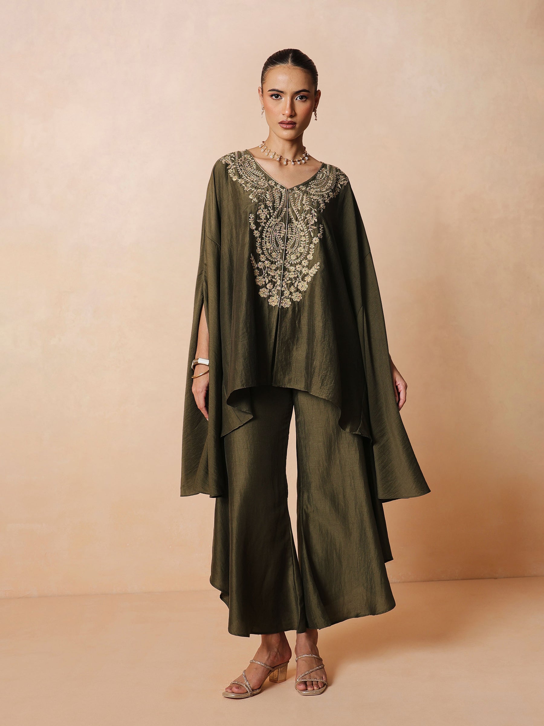 Olive Embroidered Kaftan With Flared Pants-Luxe - Shae by SASSAFRAS