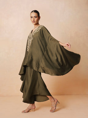 Olive Embroidered Kaftan With Flared Pants-Luxe - Shae by SASSAFRAS