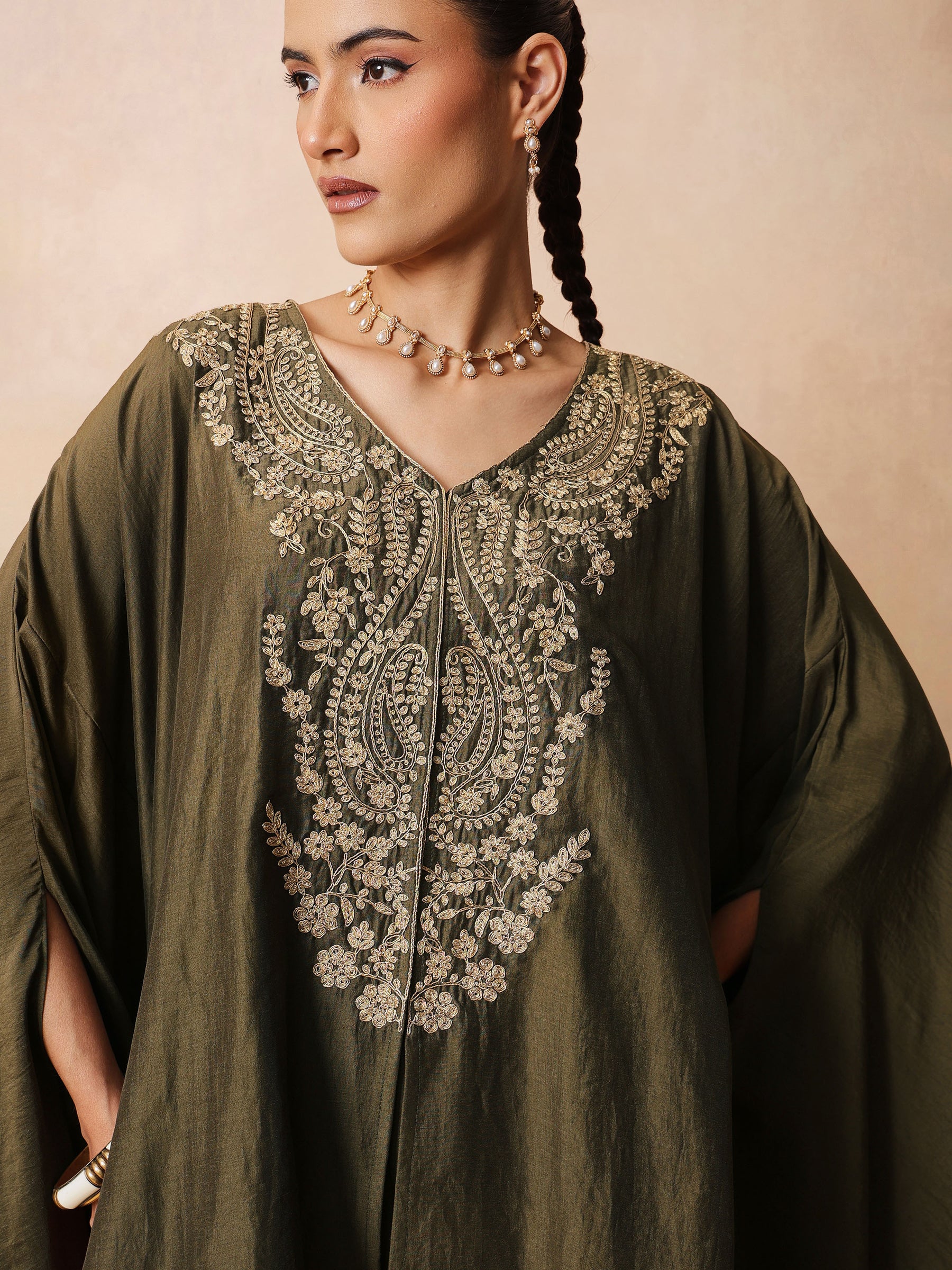 Olive Embroidered Kaftan With Flared Pants-Luxe - Shae by SASSAFRAS
