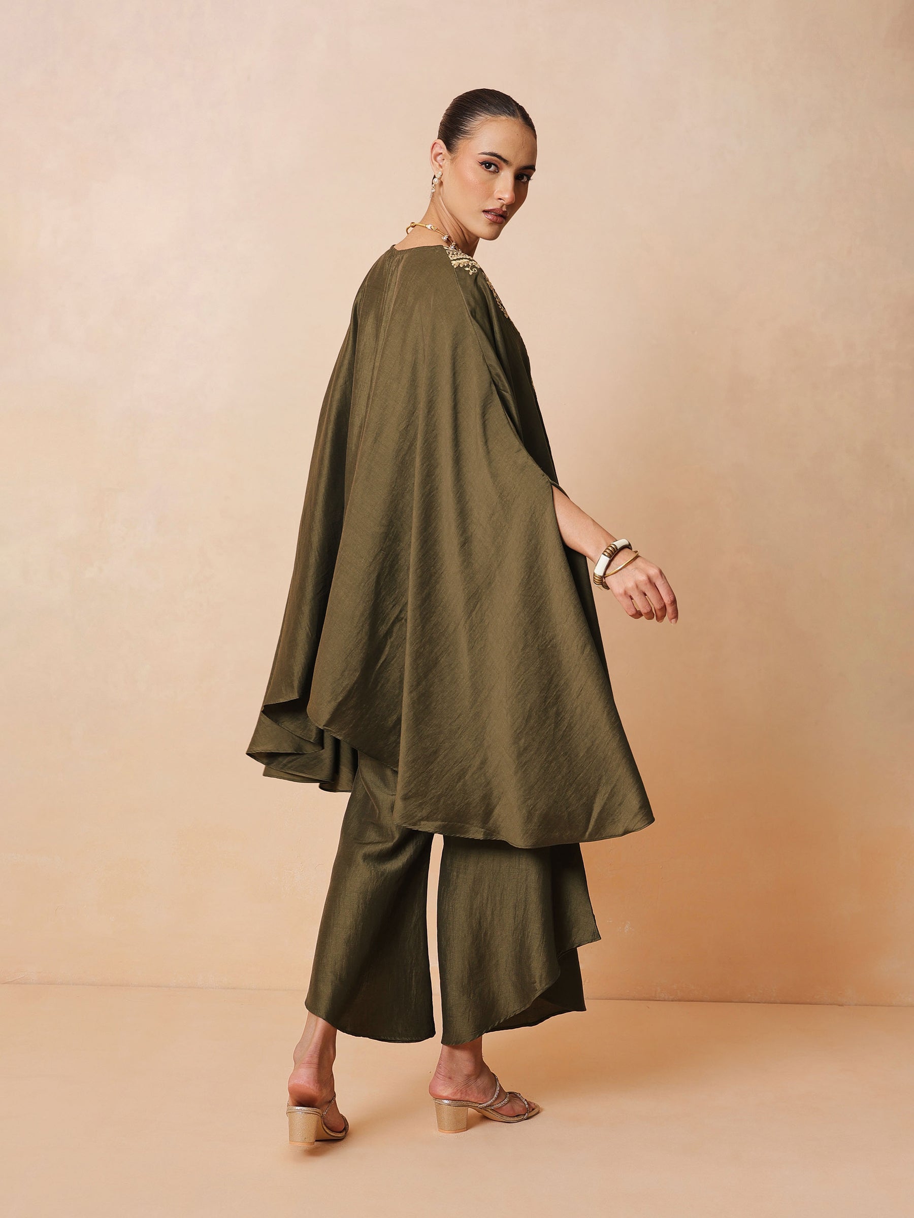 Olive Embroidered Kaftan With Flared Pants-Luxe - Shae by SASSAFRAS