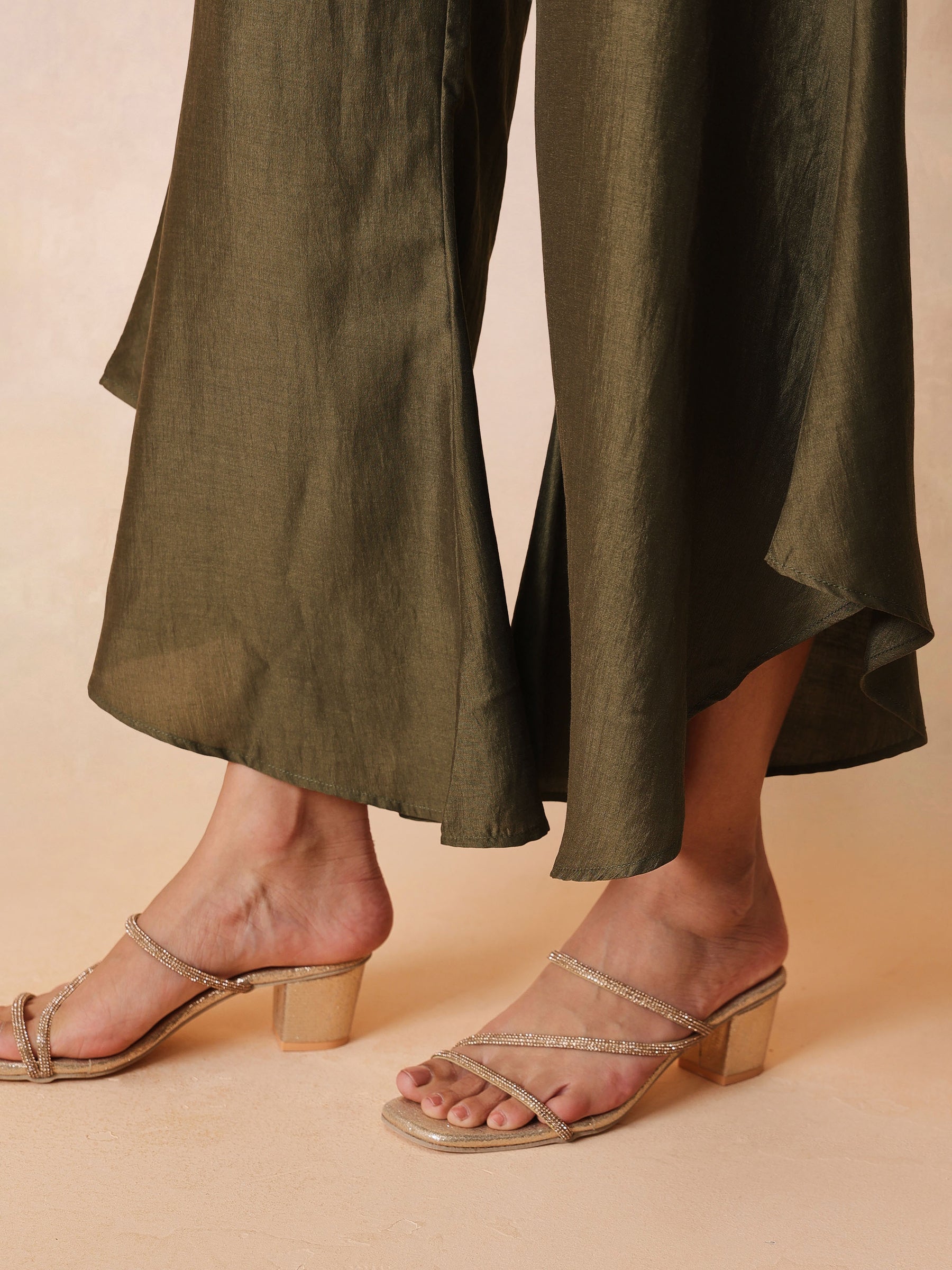 Women Olive Embroidered Kaftan With Flared Pants