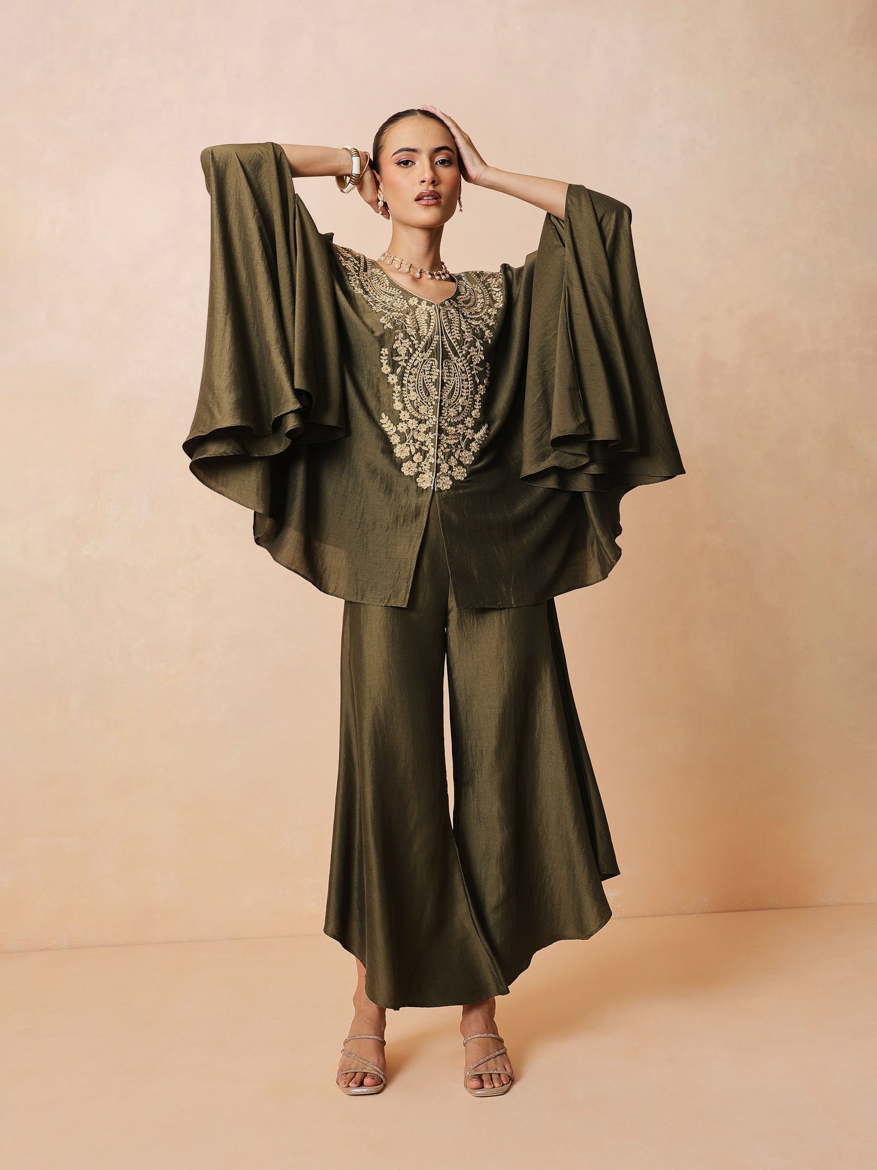 Women Olive Embroidered Kaftan With Flared Pants