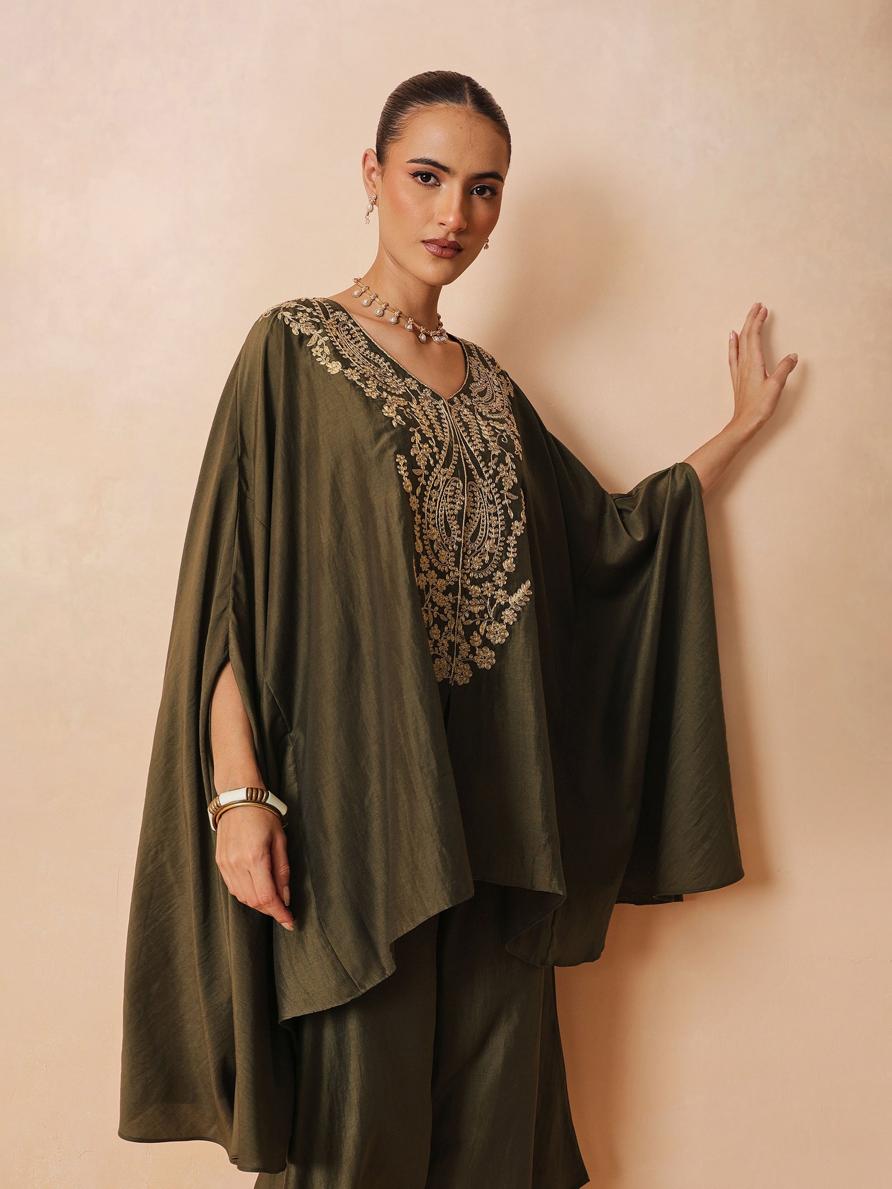 Women Olive Embroidered Kaftan With Flared Pants
