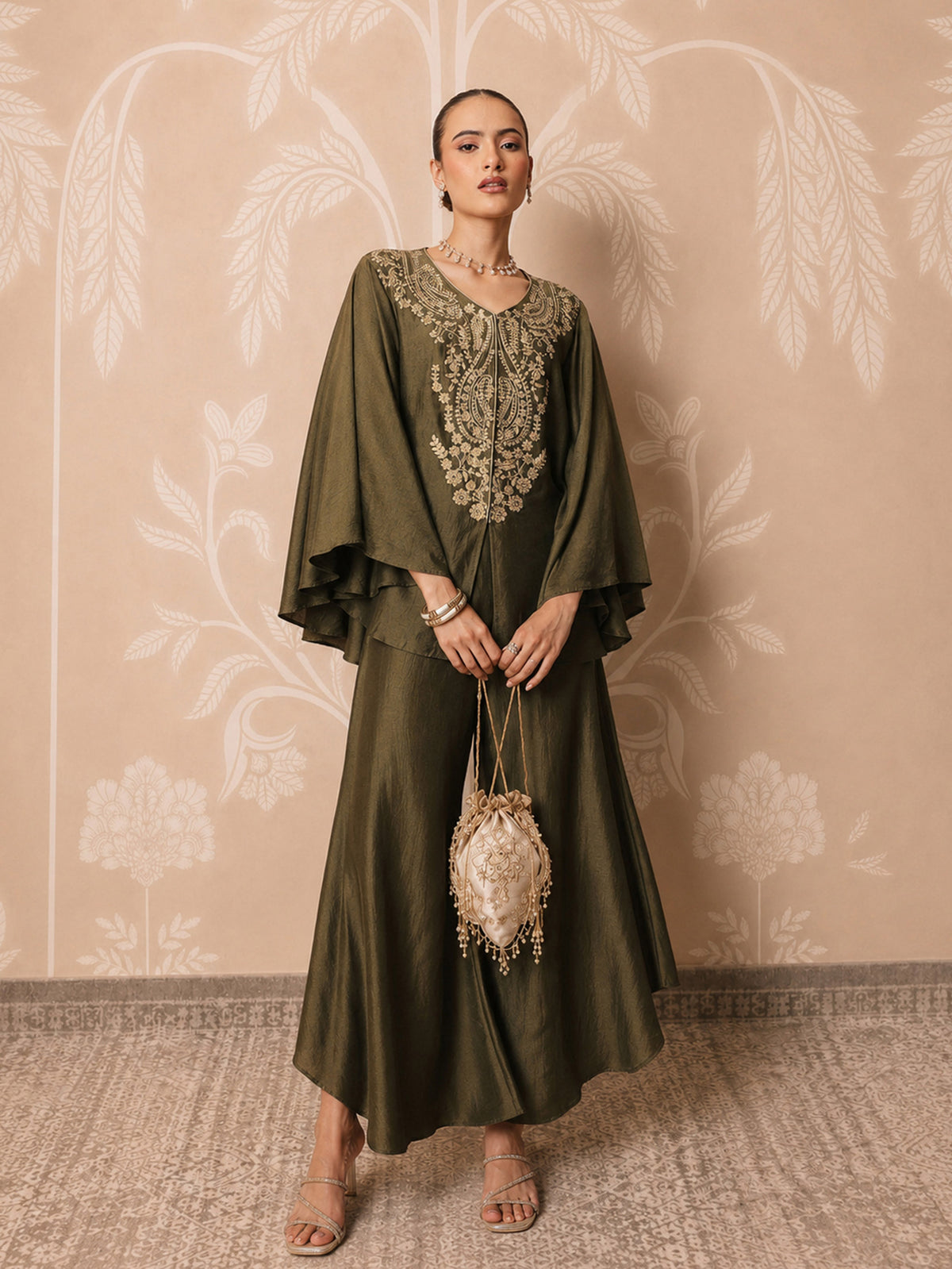 Women Olive Embroidered Kaftan With Flared Pants