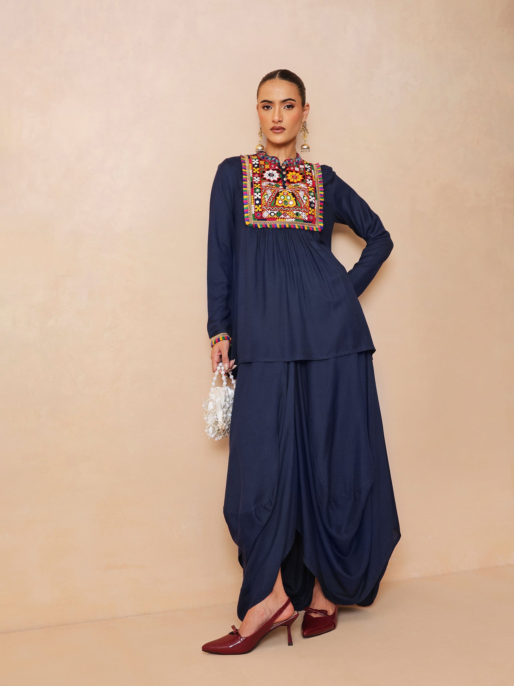 Navy Embroidered Peplum Top With Dhoti Skirt-Shae by SASSAFRAS