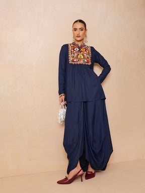 Navy Embroidered Peplum Top With Dhoti Skirt-Shae by SASSAFRAS