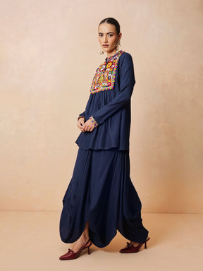 Navy Embroidered Peplum Top With Dhoti Skirt-Shae by SASSAFRAS