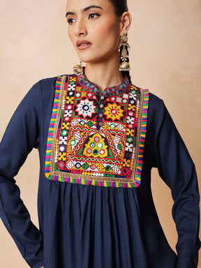Navy Embroidered Peplum Top With Dhoti Skirt-Shae by SASSAFRAS