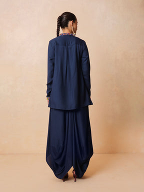 Navy Embroidered Peplum Top With Dhoti Skirt-Shae by SASSAFRAS