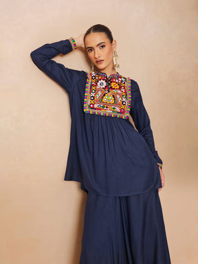 Women Navy Embroidered Peplum Top With Dhoti Skirt