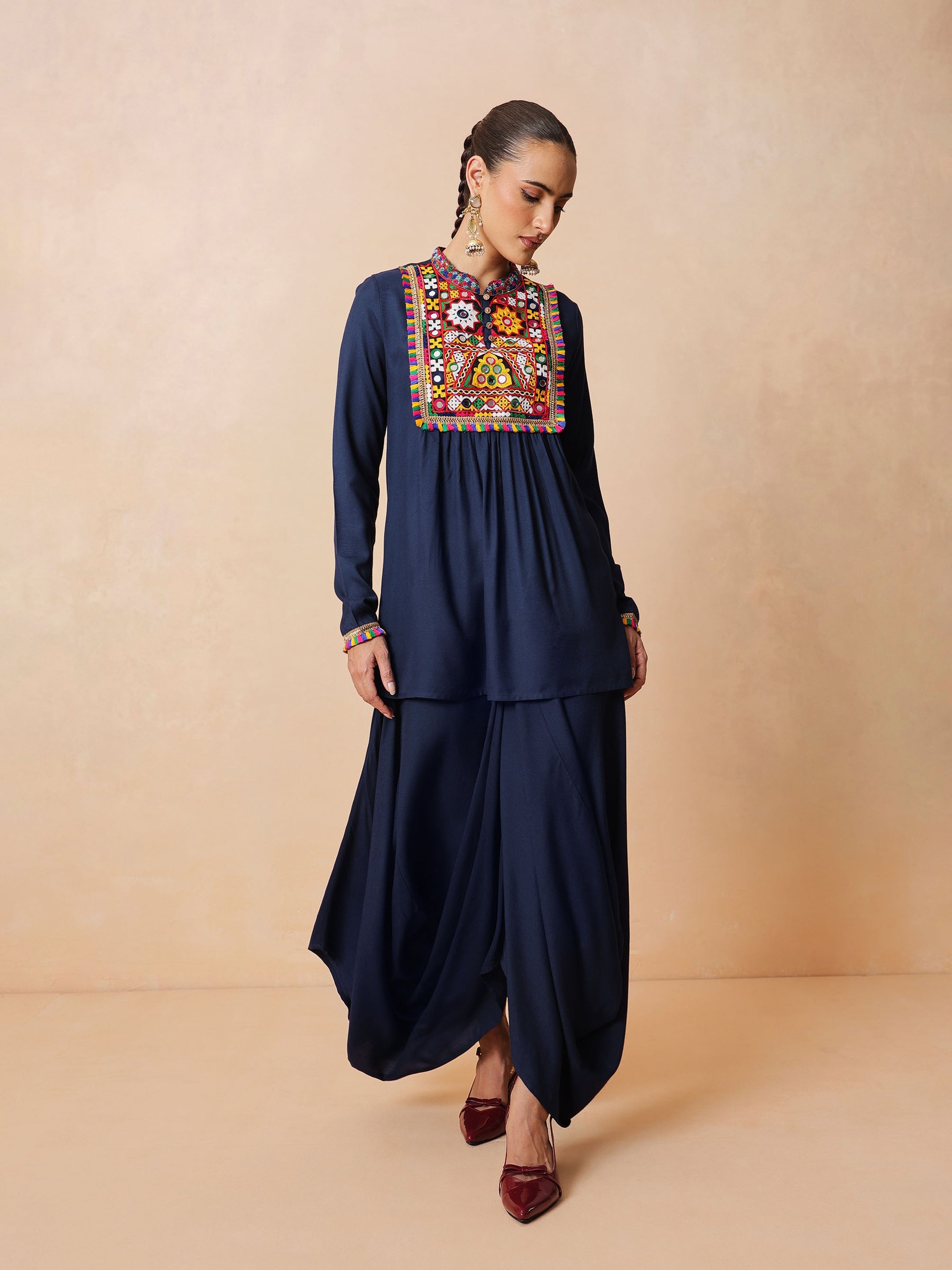 Women Navy Embroidered Peplum Top With Dhoti Skirt