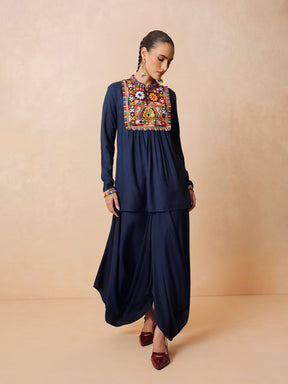 Women Navy Embroidered Peplum Top With Dhoti Skirt