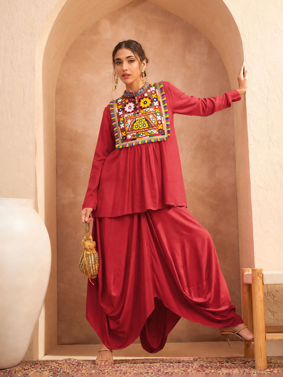 Red Embroidered Peplum Top With Dhoti Skirt-Shae by SASSAFRAS