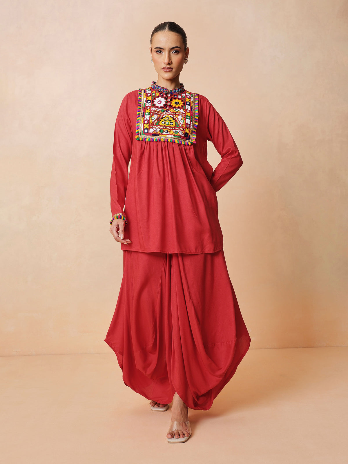 Red Embroidered Peplum Top With Dhoti Skirt-Shae by SASSAFRAS