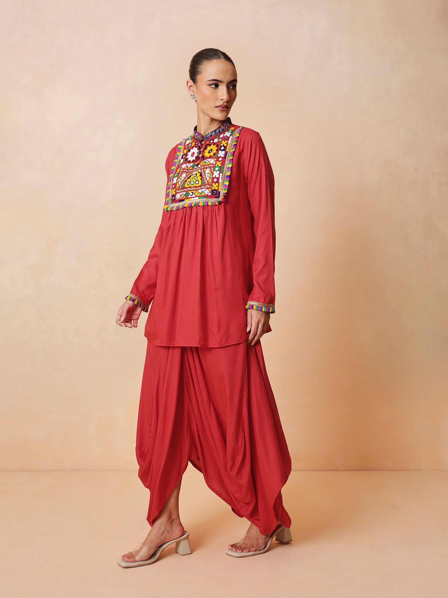 Red Embroidered Peplum Top With Dhoti Skirt-Shae by SASSAFRAS
