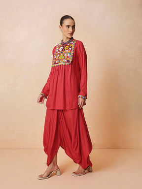 Red Embroidered Peplum Top With Dhoti Skirt-Shae by SASSAFRAS