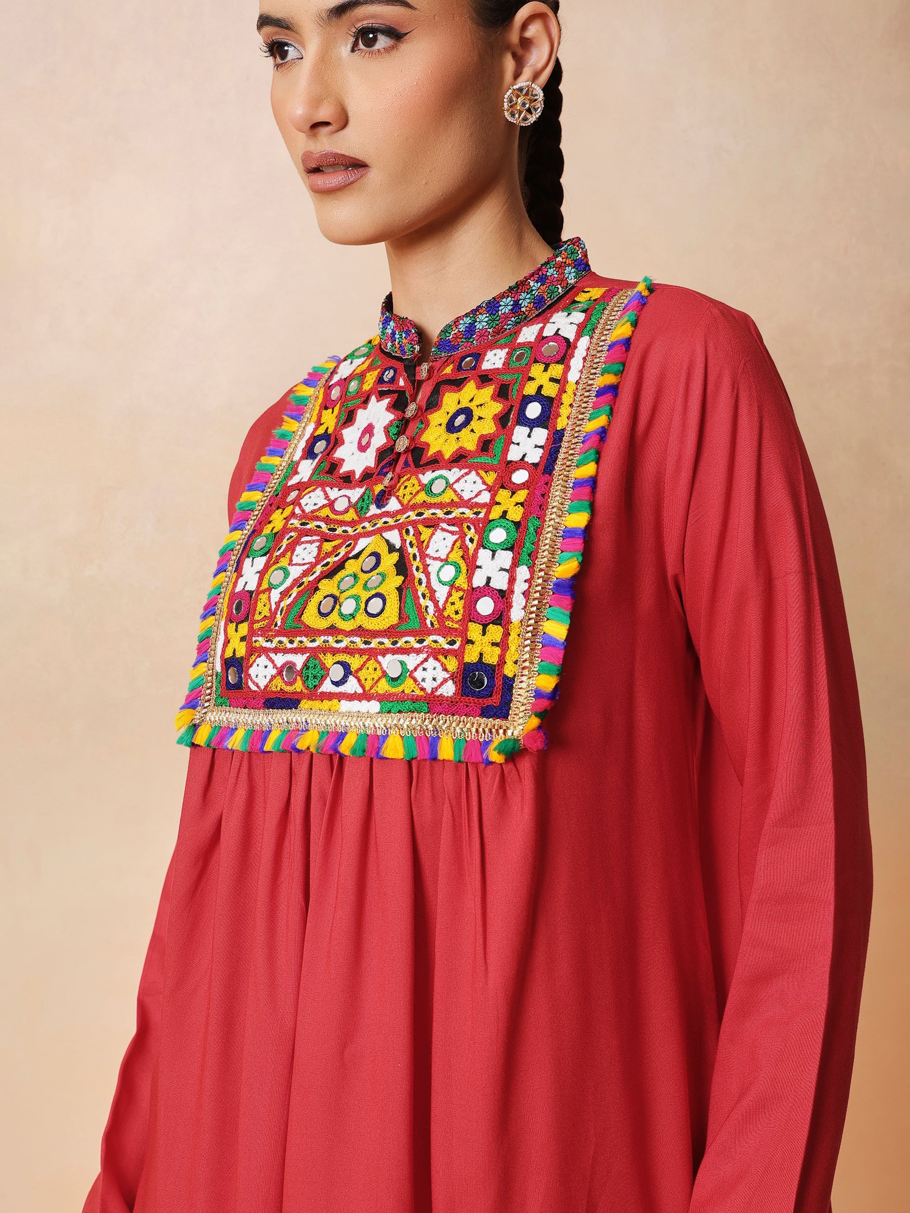 Red Embroidered Peplum Top With Dhoti Skirt-Shae by SASSAFRAS