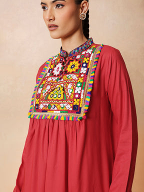 Red Embroidered Peplum Top With Dhoti Skirt-Shae by SASSAFRAS