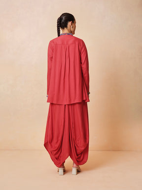 Red Embroidered Peplum Top With Dhoti Skirt-Shae by SASSAFRAS