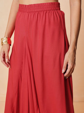 Women Red Embroidered Peplum Top With Dhoti Skirt