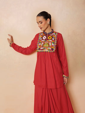 Women Red Embroidered Peplum Top With Dhoti Skirt