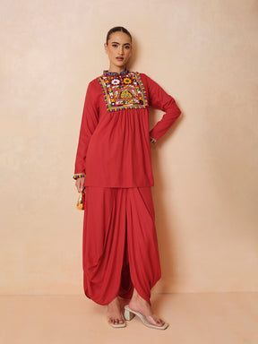 Women Red Embroidered Peplum Top With Dhoti Skirt