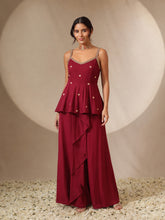 Red Embroidered Strappy Top With Dhoti Skirt -Shae by SASSAFRAS