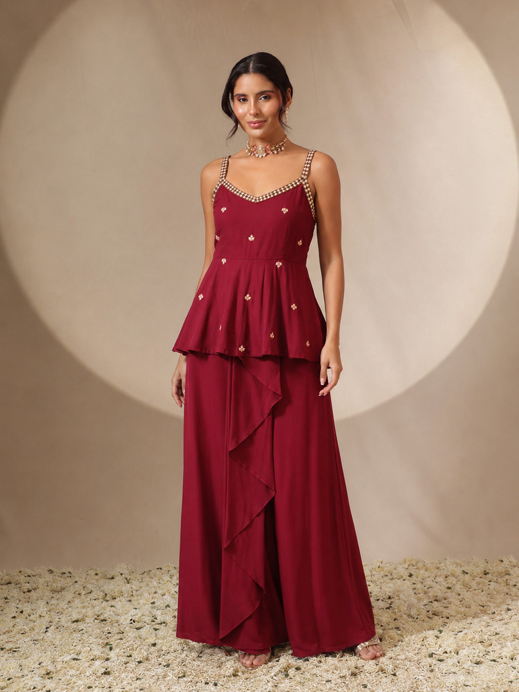 Red Embroidered Strappy Top With Dhoti Skirt -Shae by SASSAFRAS