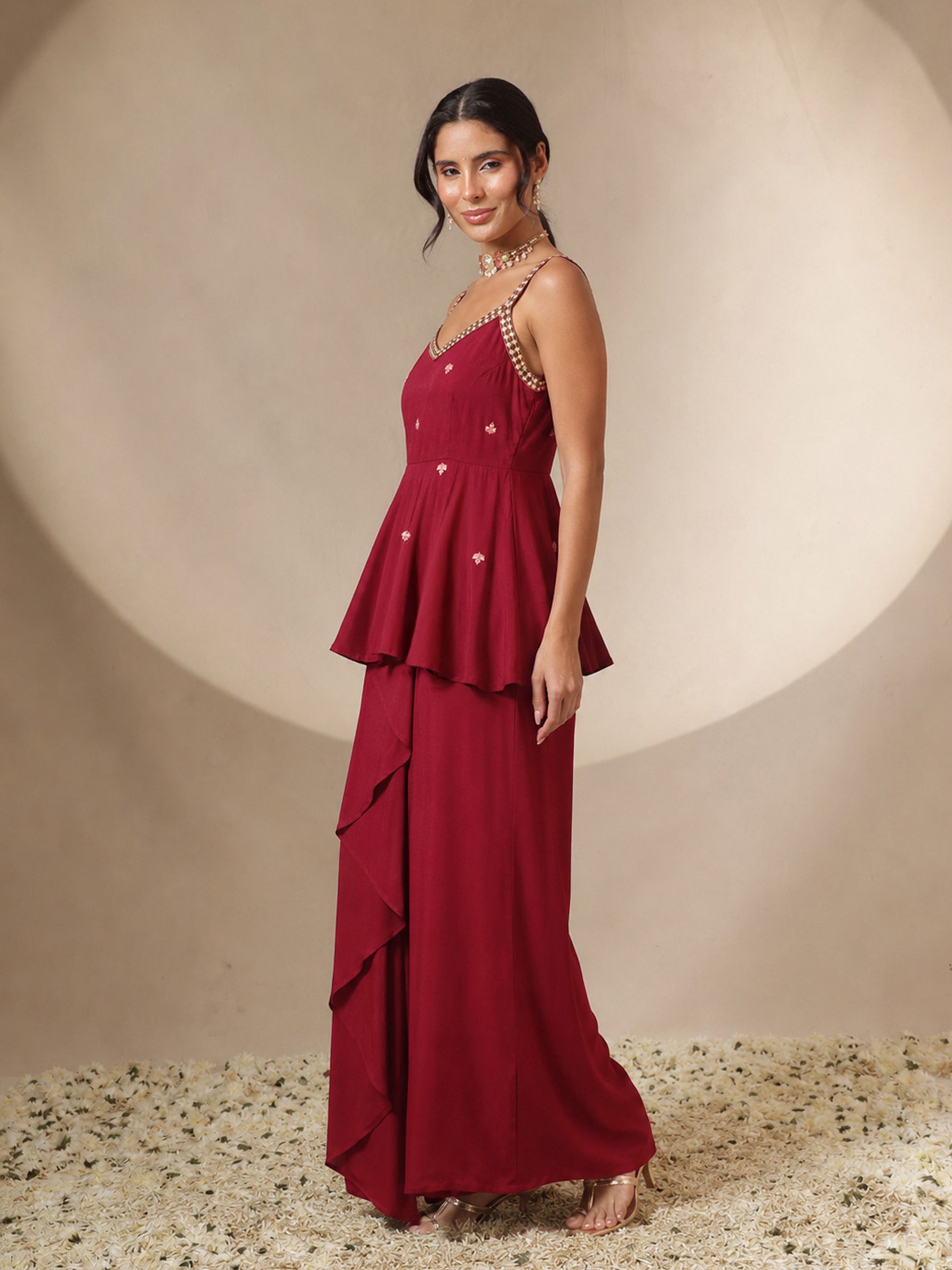 Red Embroidered Strappy Top With Dhoti Skirt -Shae by SASSAFRAS