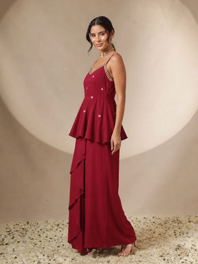 Red Embroidered Strappy Top With Dhoti Skirt -Shae by SASSAFRAS