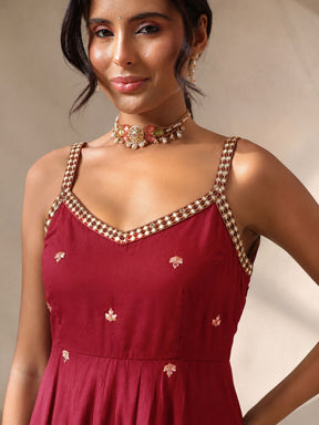 Red Embroidered Strappy Top With Dhoti Skirt -Shae by SASSAFRAS
