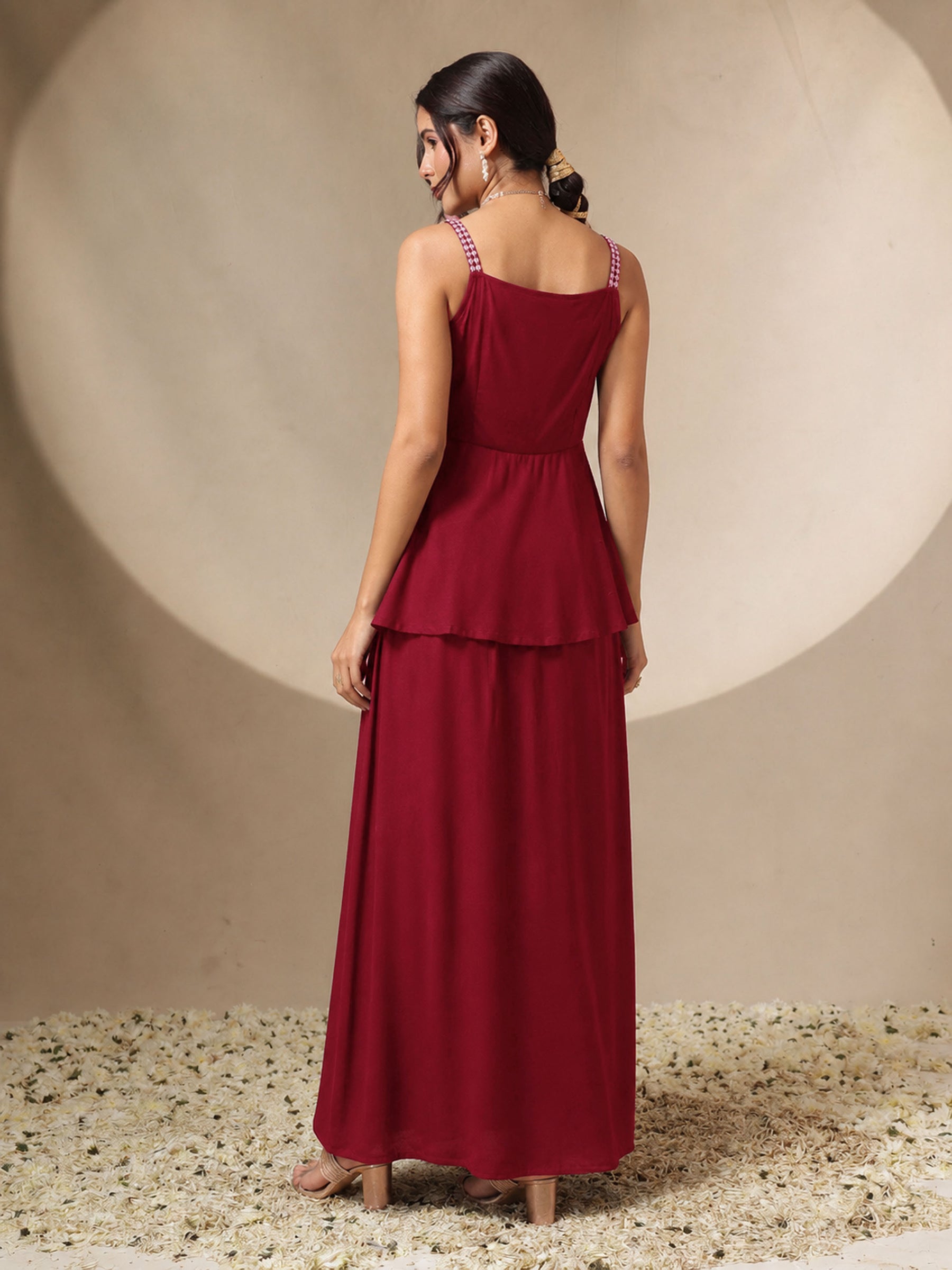 Red Embroidered Strappy Top With Dhoti Skirt -Shae by SASSAFRAS