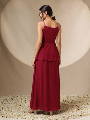 Red Embroidered Strappy Top With Dhoti Skirt -Shae by SASSAFRAS