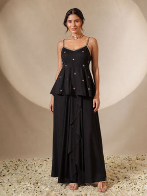Black Embroidered Strappy Top With Dhoti Skirt -Shae by SASSAFRAS