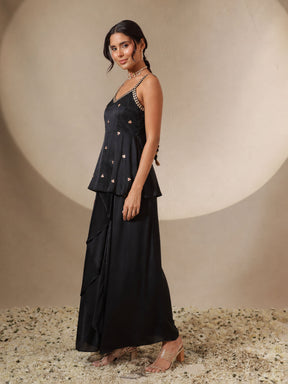 Black Embroidered Strappy Top With Dhoti Skirt -Shae by SASSAFRAS