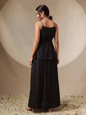 Black Embroidered Strappy Top With Dhoti Skirt -Shae by SASSAFRAS