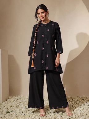 Black Front Embroidered Shirt With Palazzos-Shae by SASSAFRAS