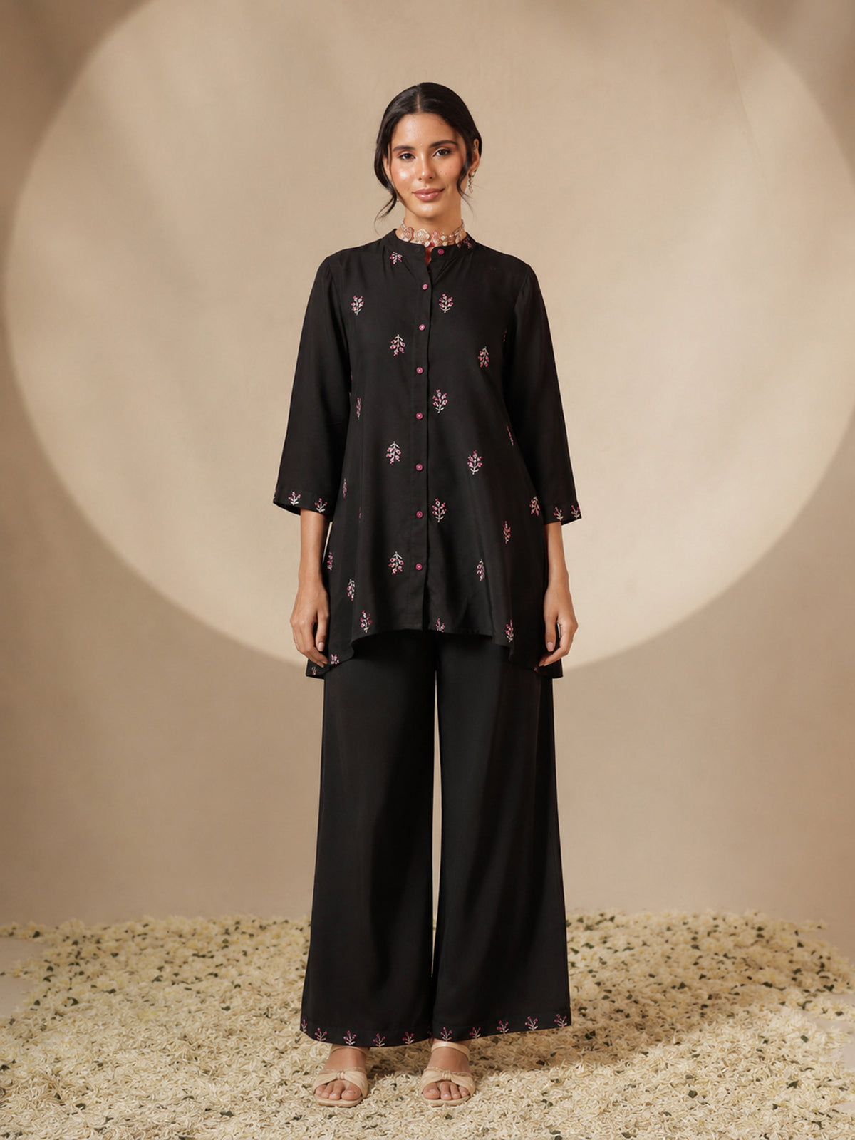 Black Front Embroidered Shirt With Palazzos-Shae by SASSAFRAS