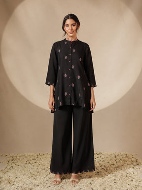 Black Front Embroidered Shirt With Palazzos-Shae by SASSAFRAS