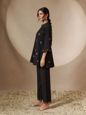 Black Front Embroidered Shirt With Palazzos-Shae by SASSAFRAS